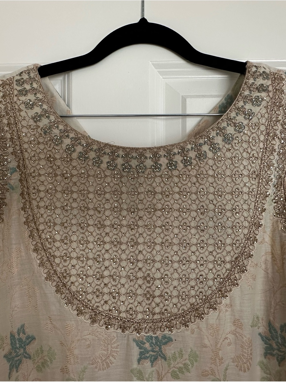 Maria B - Cream & Light Blue Embroidered Long Dress - Picture 2 of 7